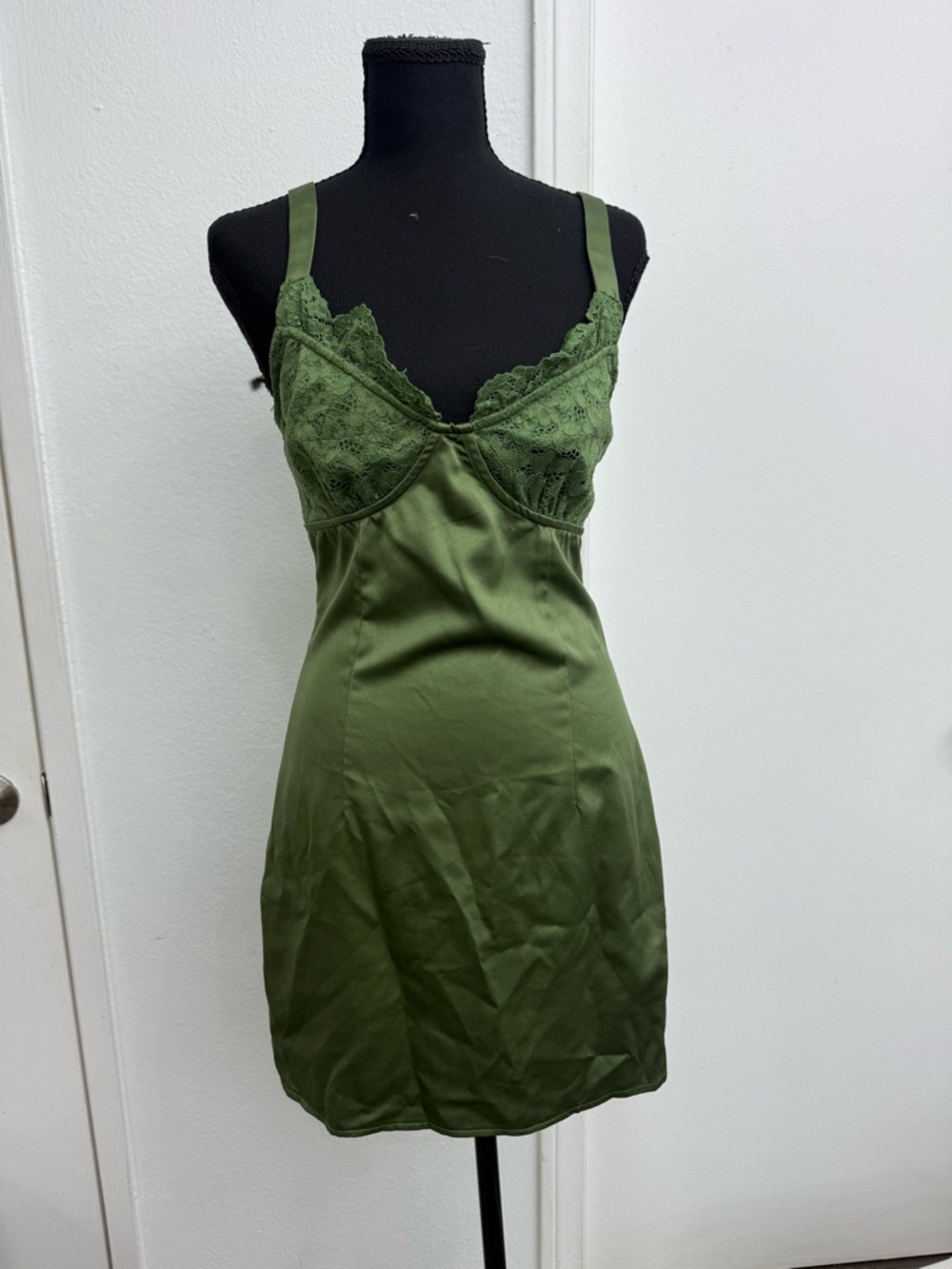 Olive Green Lace-Trim Slip Dress
